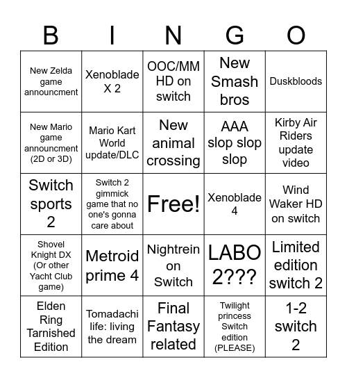 Nintendo direct bingo Card