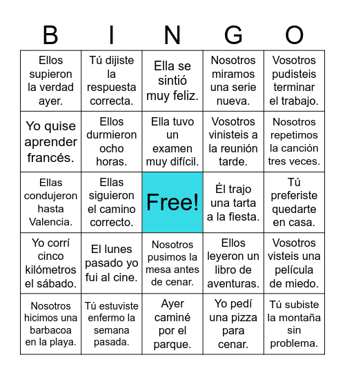 Pasado indefinido / simple - (ir)regular Bingo Card