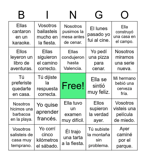 Pasado indefinido / simple - (ir)regular Bingo Card