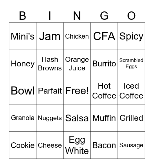 Chick-fil-A Breakfast Bingo Card
