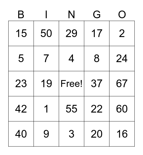 Number Bingo Card