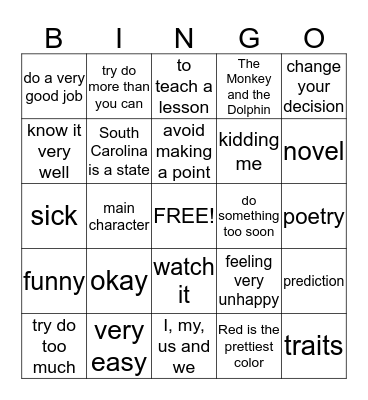 English Language Arts Bingo Card