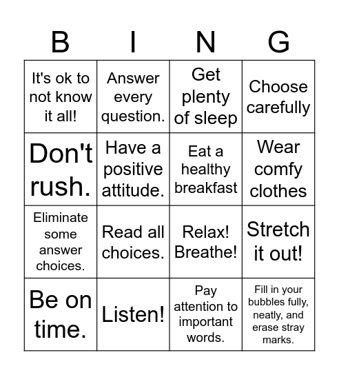 Test Prep Bingo Card