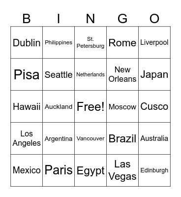Famous Cities,Countries, States Bingo Card