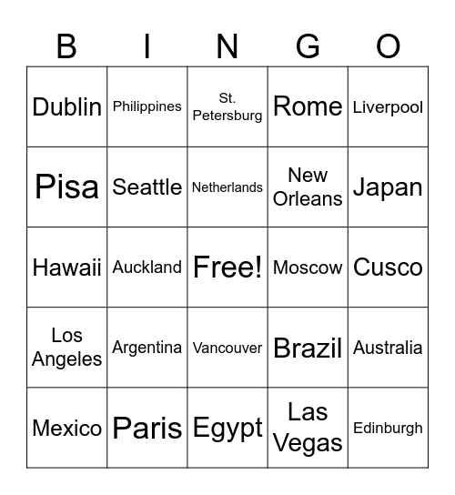 Famous Cities,Countries, States Bingo Card