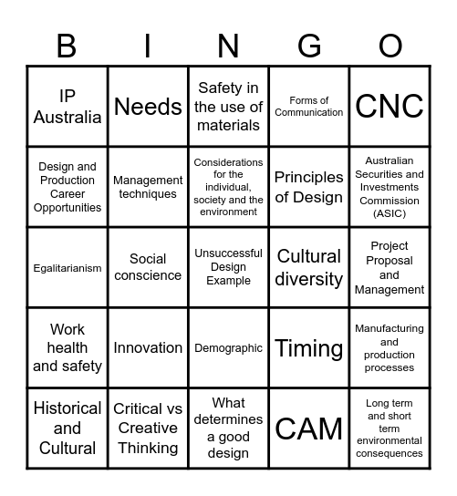 HSC DAT BINGO Card