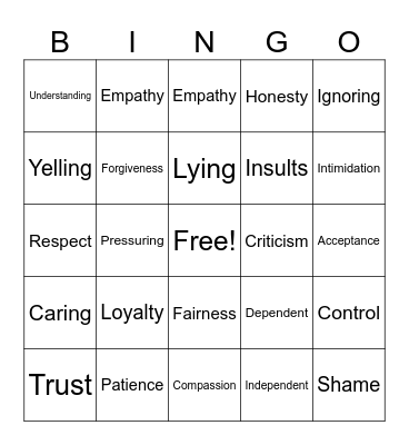 Healthy vs Unhealthy Bingo Card