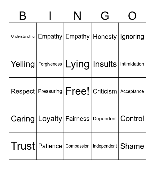 Healthy vs Unhealthy Bingo Card
