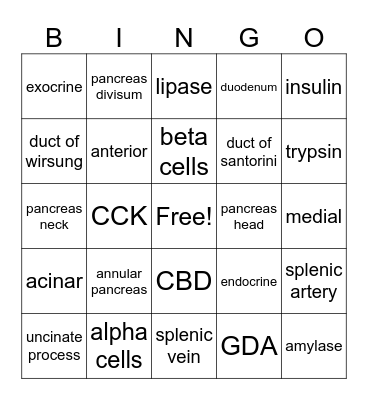 PANCREAS BINGO Card