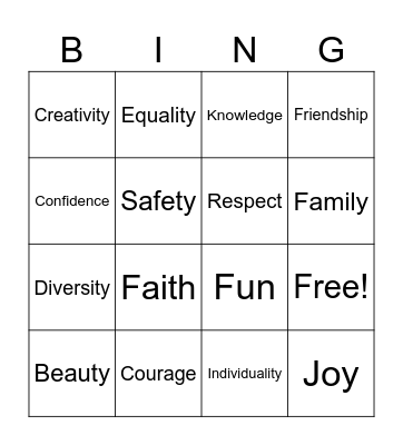 Values Bingo Card