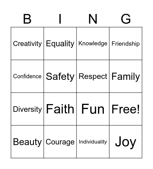 Values Bingo Card