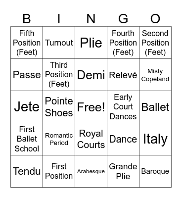 Ballet Bingo Card