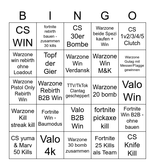 Win Challenge Bingo Card