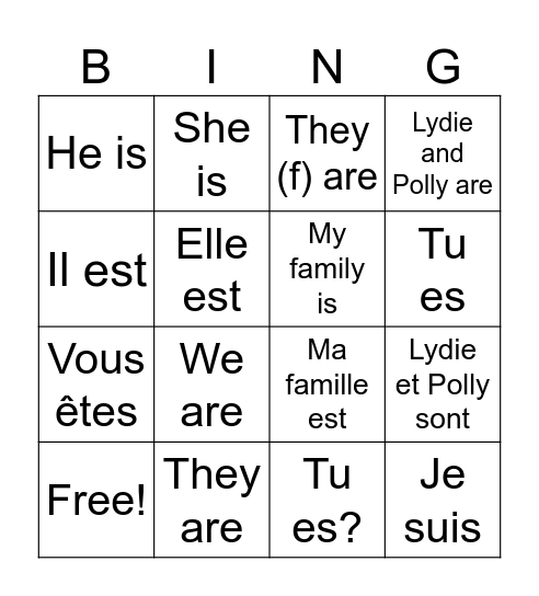 Être - to be Bingo Card