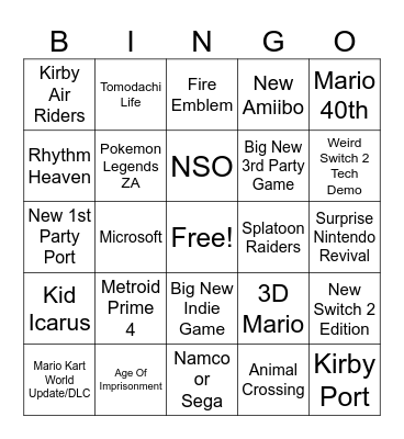 Nintendo Direct Bingo Card