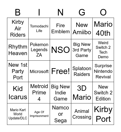 Nintendo Direct Bingo Card