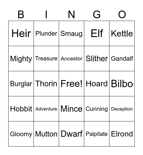 The Hobbit Bingo Card