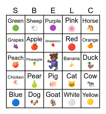 Farm Animals, Colors, and Fruit Bingo Card