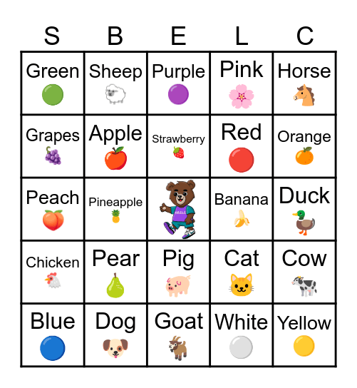 Farm Animals, Colors, and Fruit Bingo Card