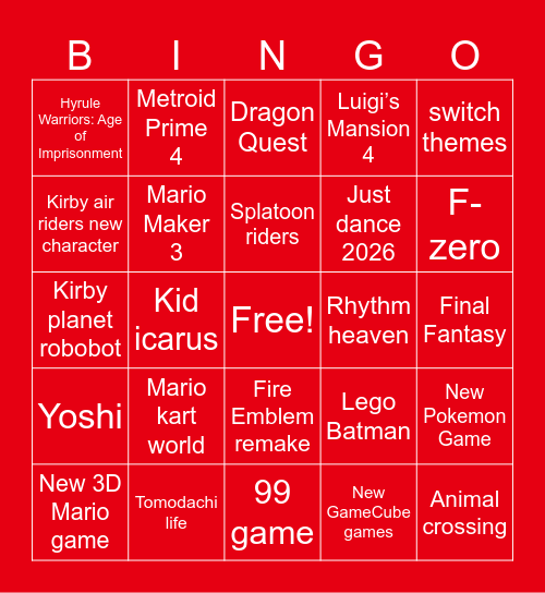 Nintendo Direct Bingo Card