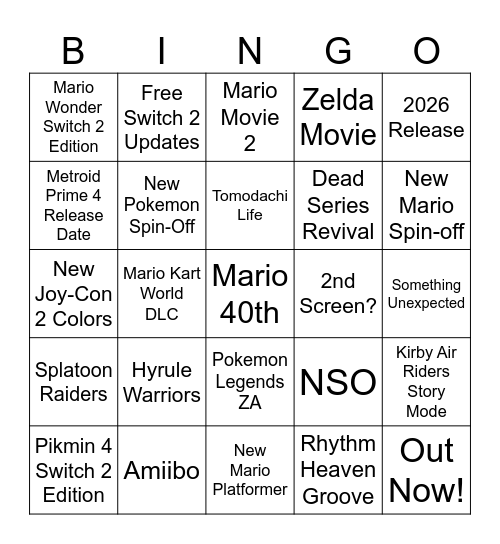 Nintendo Direct 9/12/25 Bingo Card