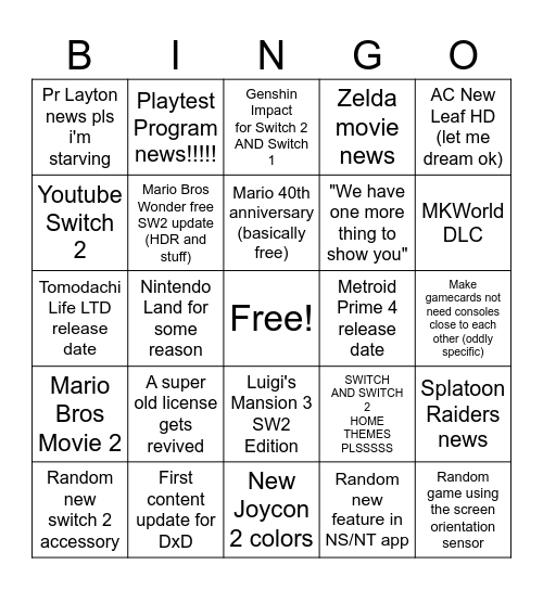 Nintendo Direct 12/09/2025 Bingo Card