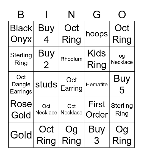 Jewelry Bingo Card