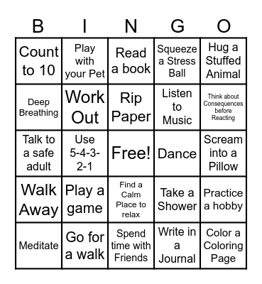 Anger Coping Skills BINGO Card