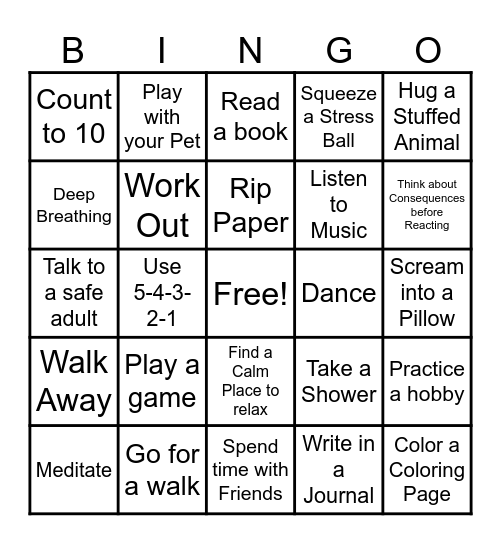 Anger Coping Skills BINGO Card