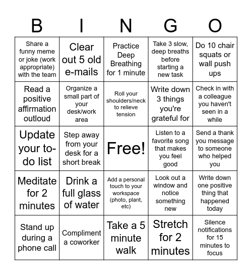 Wellness Bingo Card