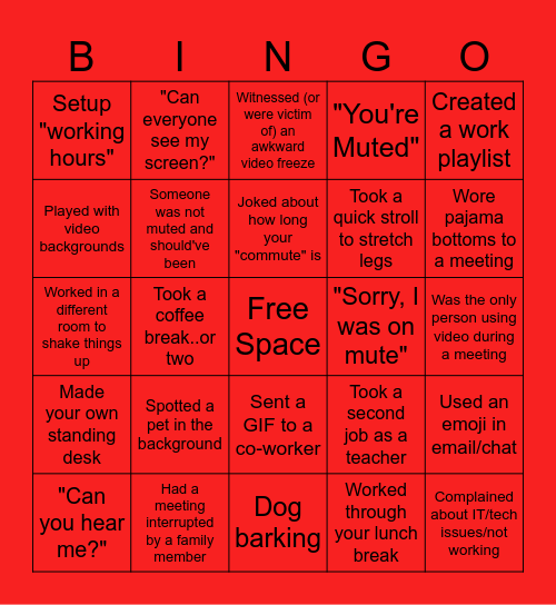 Remote Work Bingo Card