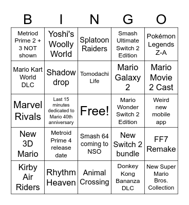 Nintendo Direct Bingo Card