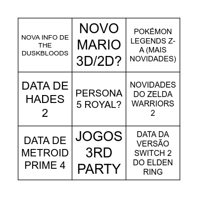 NINTENDO DIRECT 9.12.2025 BINGO Card