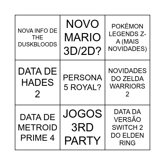 NINTENDO DIRECT 9.12.2025 BINGO Card