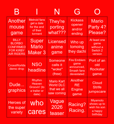 Nintendo Direct 9/12/2025 Bingo Card