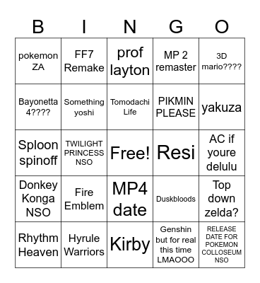 Nintendo Direct Bingo Card