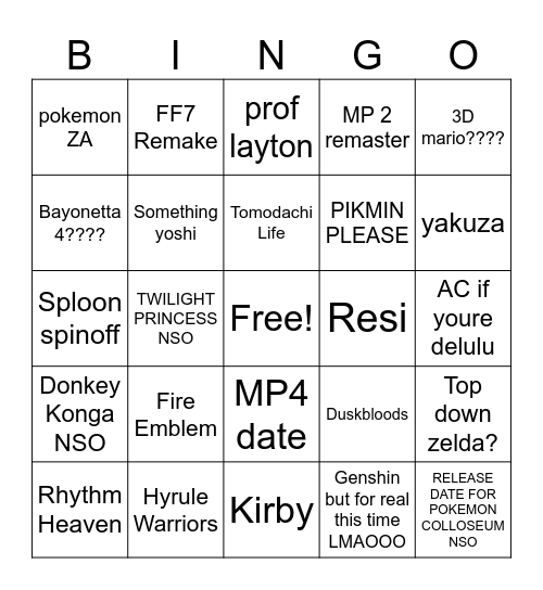 Nintendo Direct Bingo Card