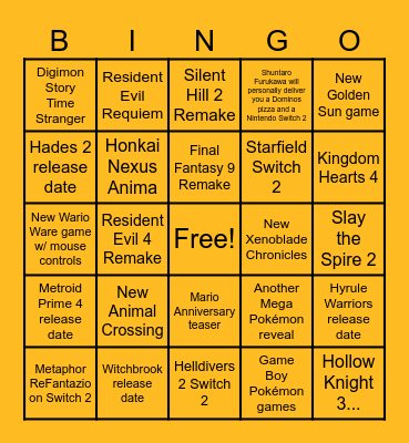 NINTENDO DIRECT SEPTEMBER 2025 Bingo Card