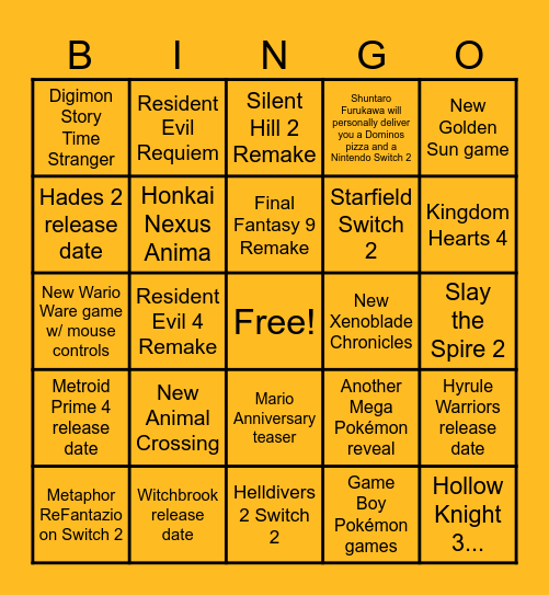 NINTENDO DIRECT SEPTEMBER 2025 Bingo Card