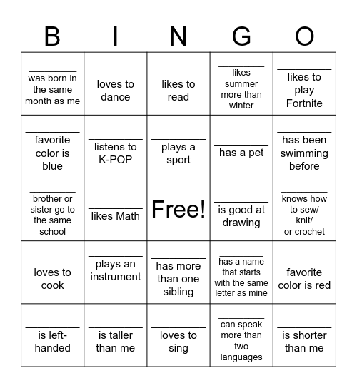 Get to Know You Bingo Card