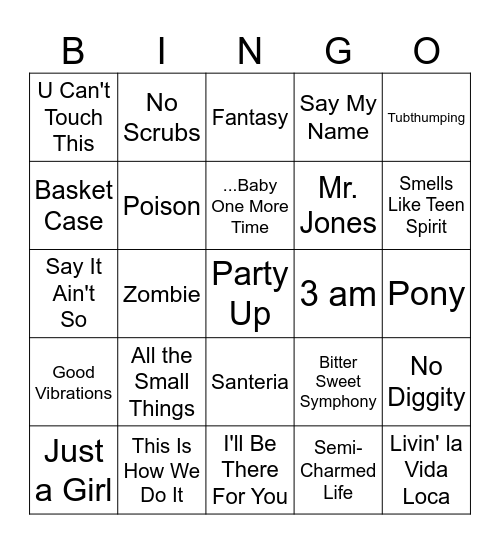'90s Music Bingo Card
