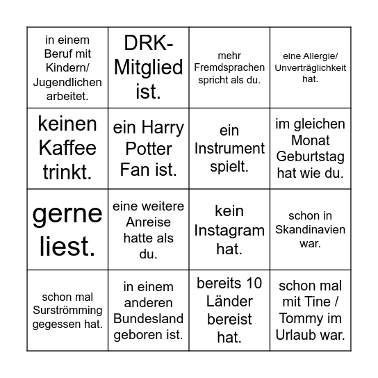 Finde den Gast, der Bingo Card