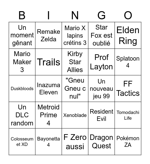 Nintendo Direct Bingo ! Bingo Card