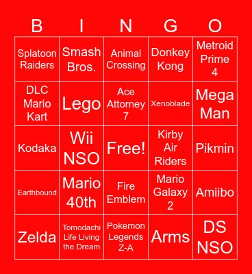 Nintendo Direct 12.9.25 Bingo Card