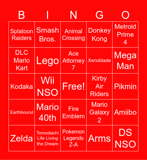 Nintendo Direct 12.9.25 Bingo Card