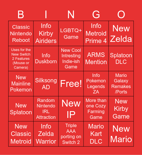 Nintendo Direct Bingo Card