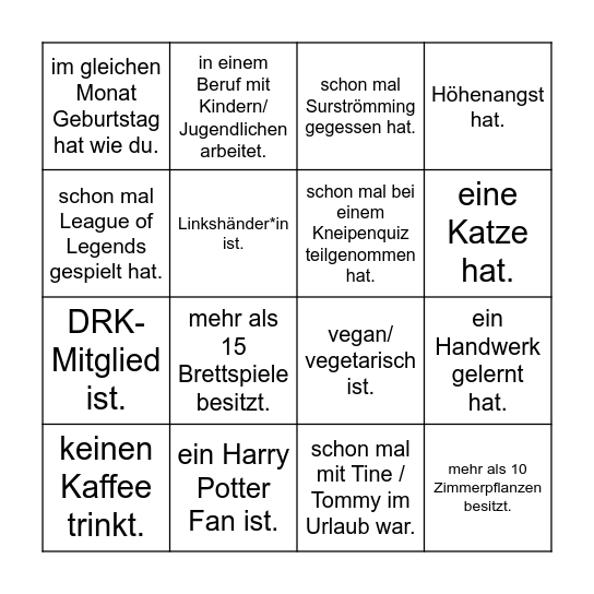 Finde den Gast, der Bingo Card