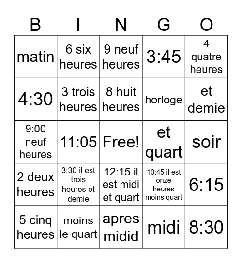 Le temps Bingo Card