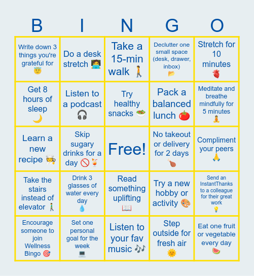 Wellness Bingo Challenge Bingo Card