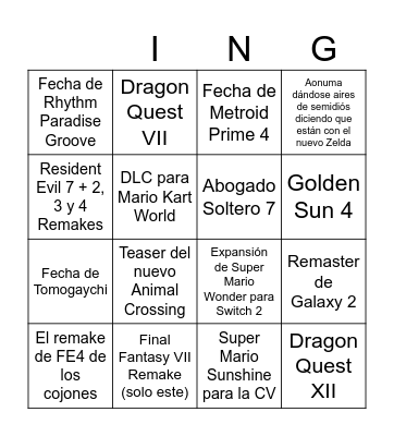 Nintendo Direct Bingo Card
